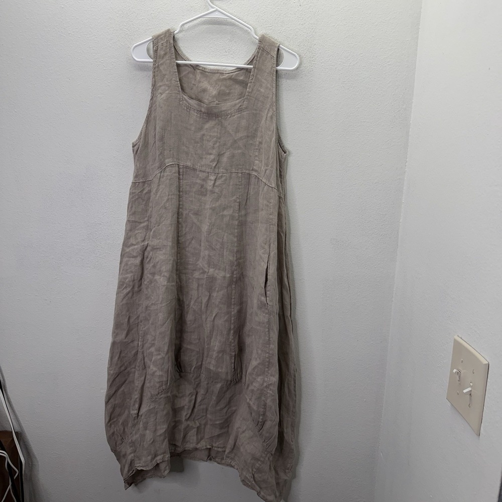 Made In Italy Beige 100% Linen Long Cocoon Dress SZ M/L Lagenlook Midi Balloon